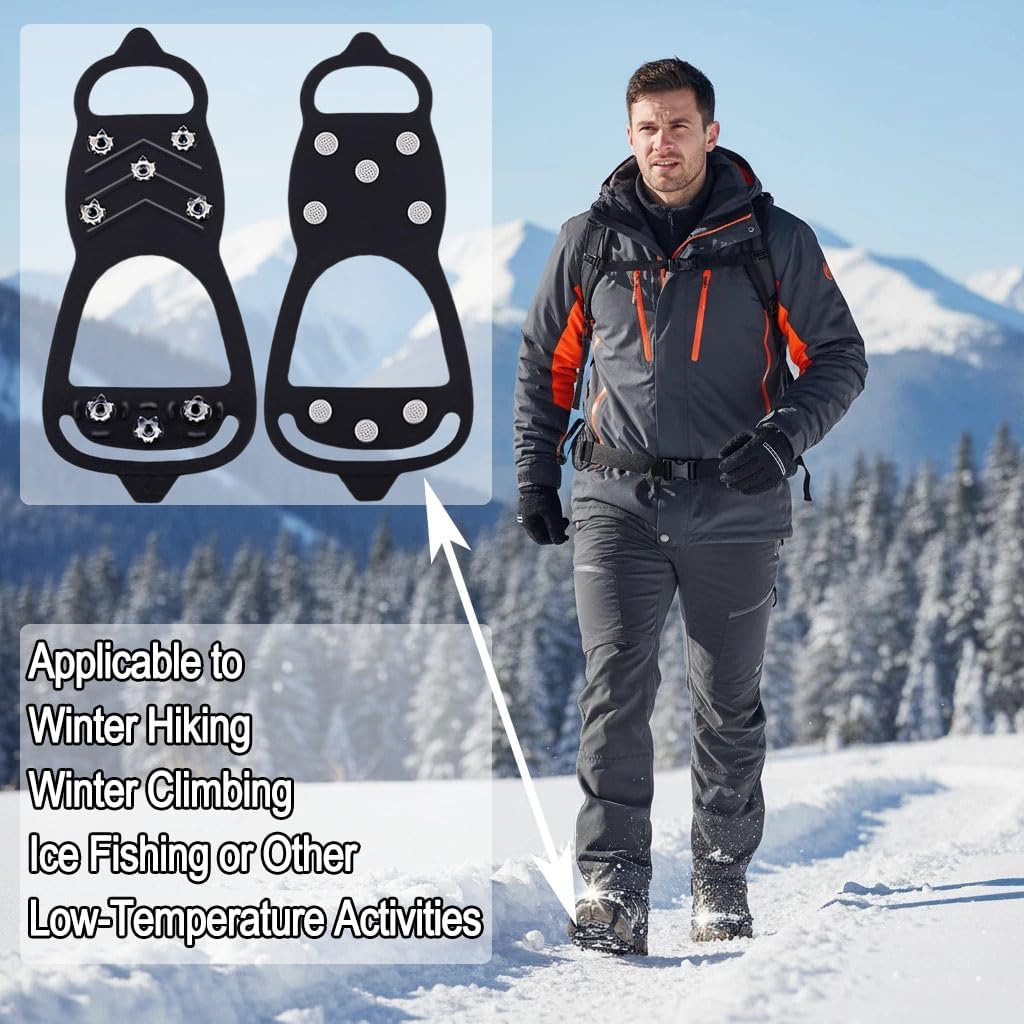 Ice Cleats for Shoes and Boots，8 Steel Studs Non Slip Micro Spikes, Durable Crampons for Hiking Boots Women&Men, Winter Ice Spikes for Snow Hiking Climbing Ice Fishing
