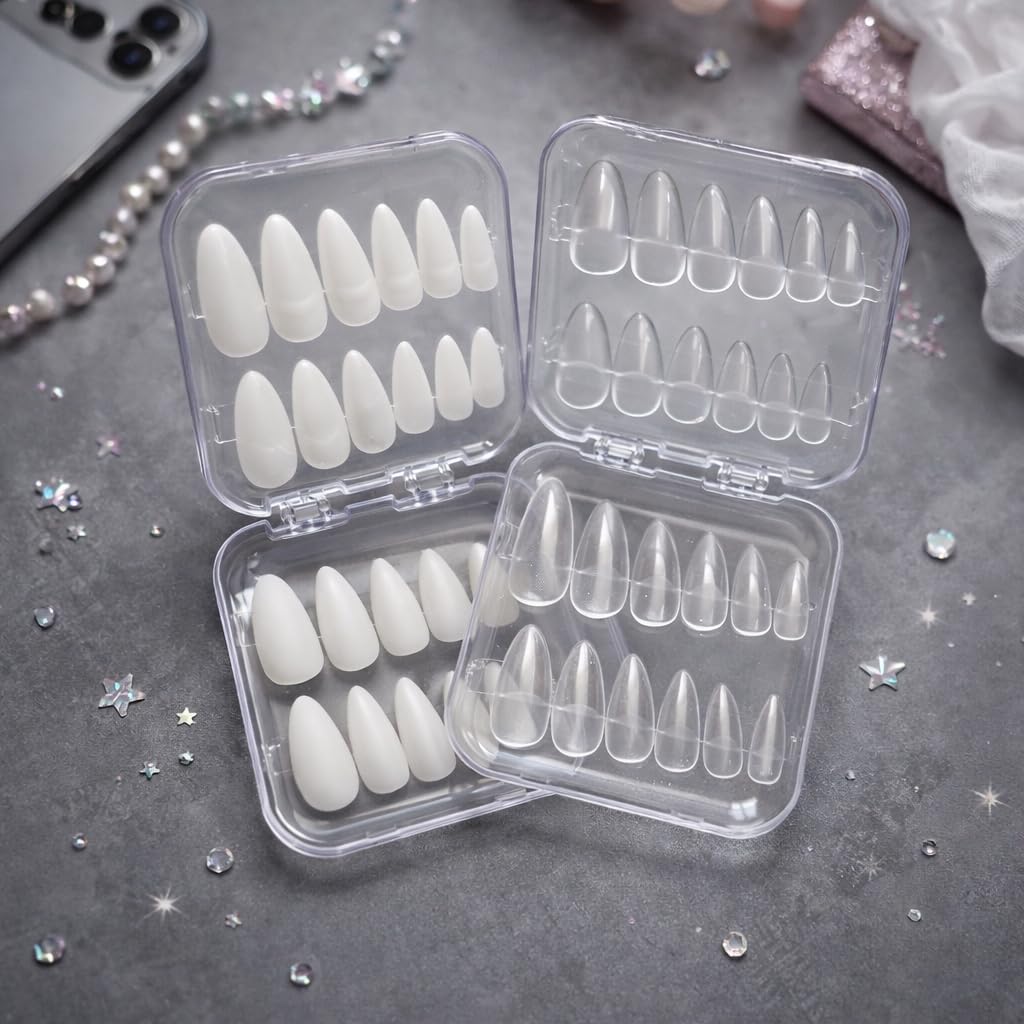 48PCS Reusable Press-On Nails Combo | Solid White Matte & Transparent Matte Almond Nail Extensions | Artificial False Nails Set with 2 Kits, Nail Glue, Tabs & Individual Acrylic Storage Boxes-image-49