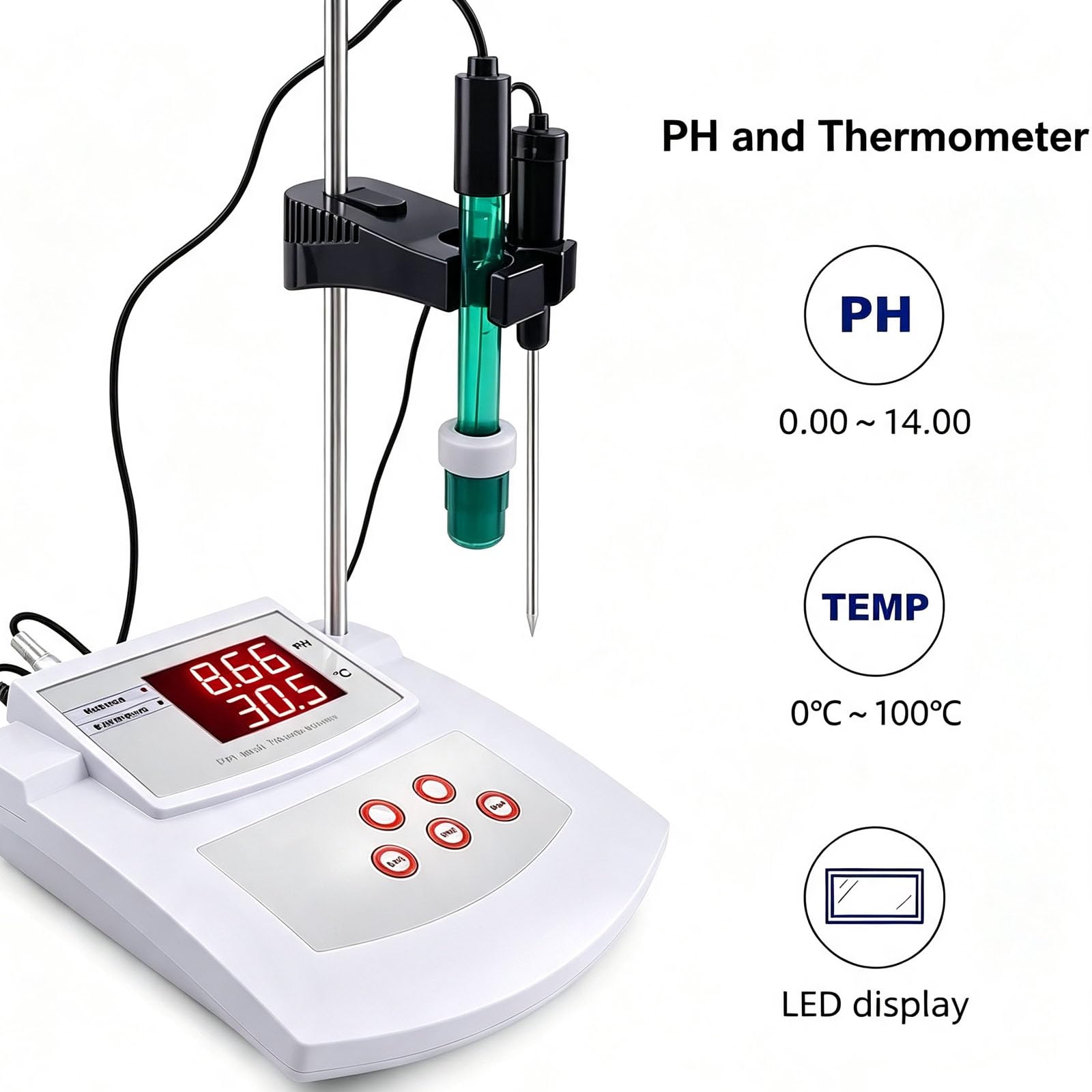 JOSBY Tisch-ph-Meter, Ph-wert- Und Temperaturmessgerät, Automatische Säurekalibrierung, Mit Led-anzeige Und Elektrodenständer Für Aquakultur, Labor, Trinkwasser Und Schwimmbäder