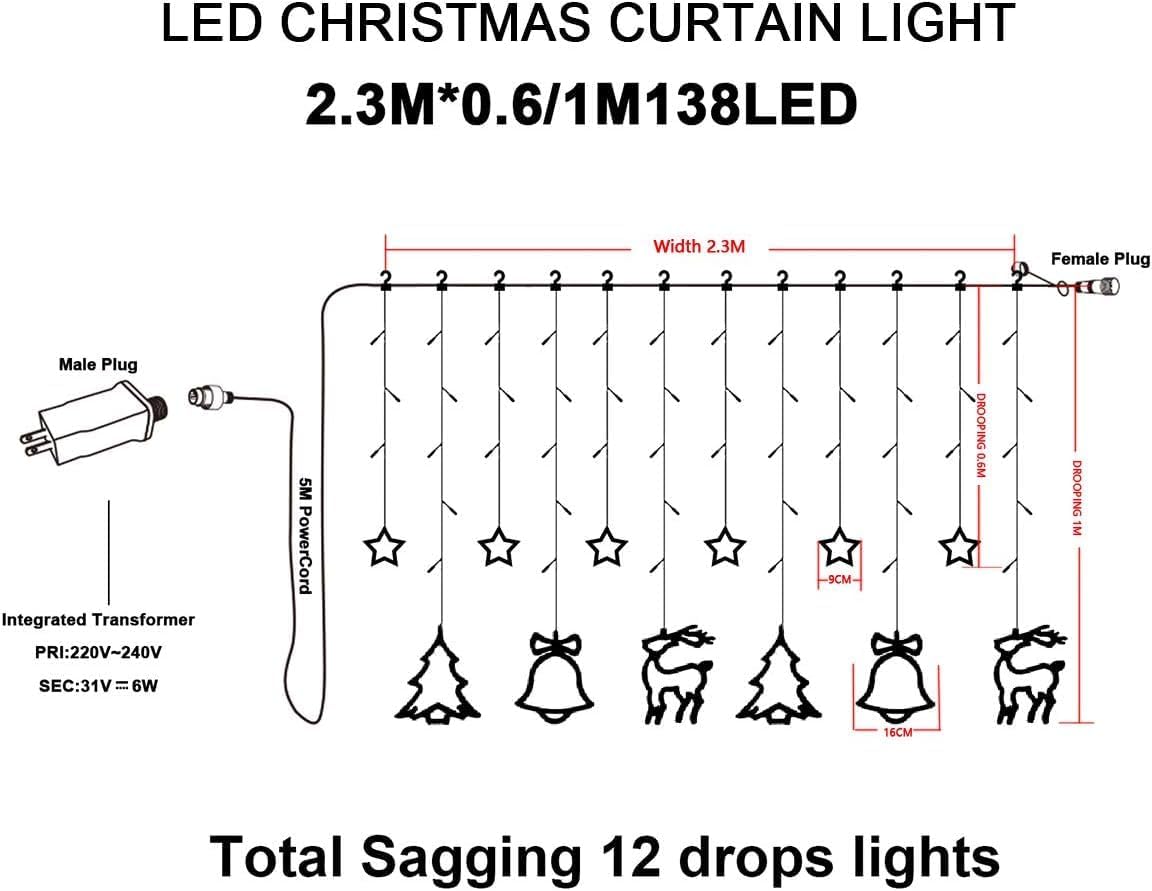 ELEUTH Tenda Luminosa Natale con 12 Stelle LED,138LED Luci di Natale da Esterno Interno IP44 Luci di Natale Catena Luminosa con 8 Modalità per La Casa,Balcone,Finestra,Giardino Decorazioni Natalizie