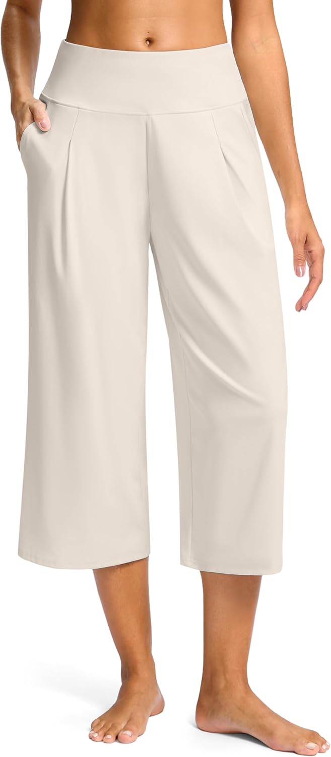 SANTINY Capri Pants for Women Wide Leg Yoga Casual Cropped Pants with Pockets Loose Tummy Control High Waist Capris