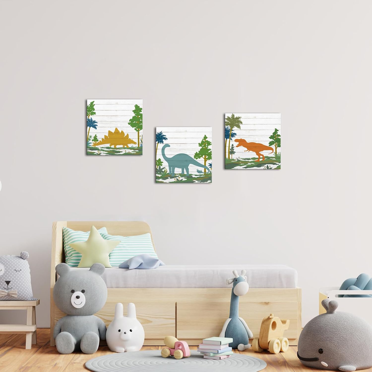 Apicoture Dinosaur Kids Room Wall Art - Vibrant Kids Room Wall Decor Perfect For Nursery Boys Room Walls Fanny Canvas Wall Framed 12"x 12"x 3 Panels
