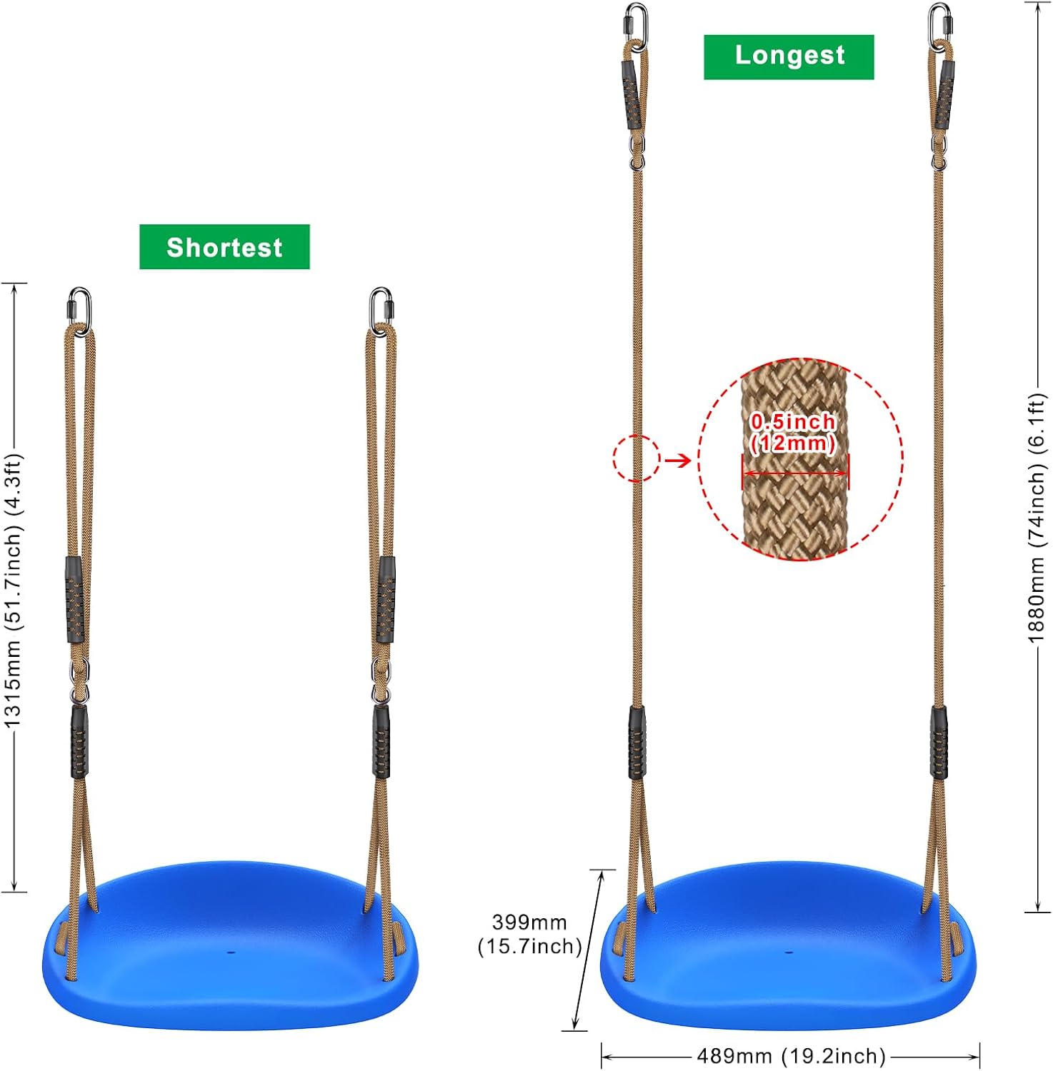 SELEWARE Plastic Swing Seat, Non Slip Tree Swing Replacement with Adjustable Rope and 2 Carabiners, Heavy Duty Playground Swing Set Accessories for Adult Kid Indoor Outdoor Backyard, Blue