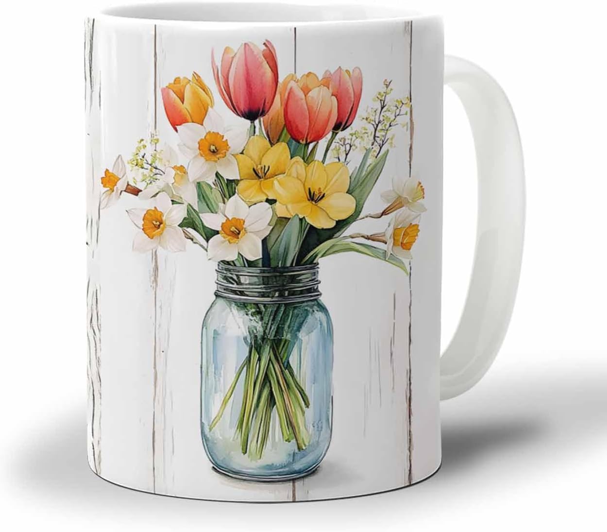 BEMIGO Ceramic Coffee Mug Spring Flower Vase Ceramic Mug White Cup, Vintage Wood Grain Insulated Coffee Cup with Handle with Pattern Perfect for Tea and Hot Beverages, 12oz