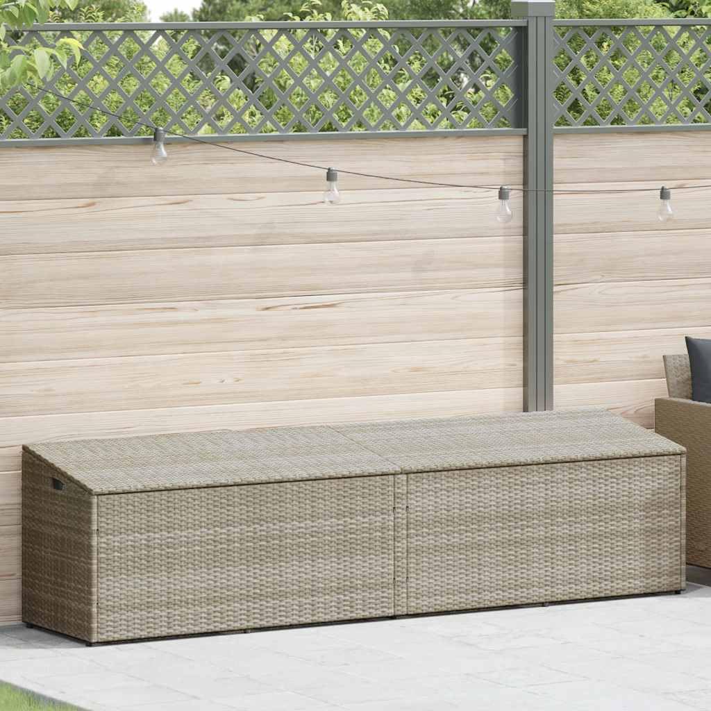 Caja de almacenamiento de jardín gris claro 220x50x58 cm de resina trenzada, cofre de jardín poliratán con marco de acero, tapa de gas y bolsa impermeable para cojines y juguetes