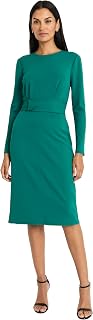Women's Elegant Knee-Length Sheath Long Sleeve Fitted Silhouette with Waist Belt-Versatile Cocktail Dress