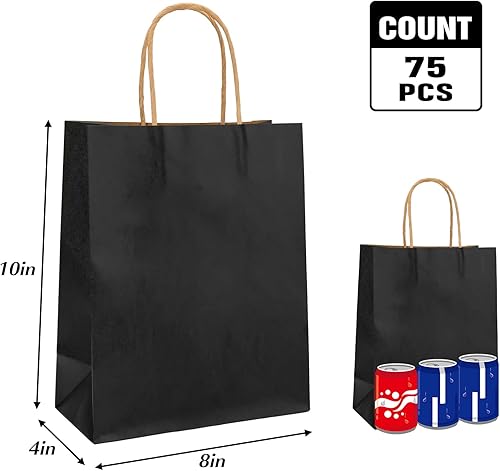 Miniatura 2 de Moretoes 75 bolsas de regalo negras de 8 x 4 x 10 pulgadas, tamaño mediano a granel, bolsas de papel con asas, bolsas de regalo para pequeñas