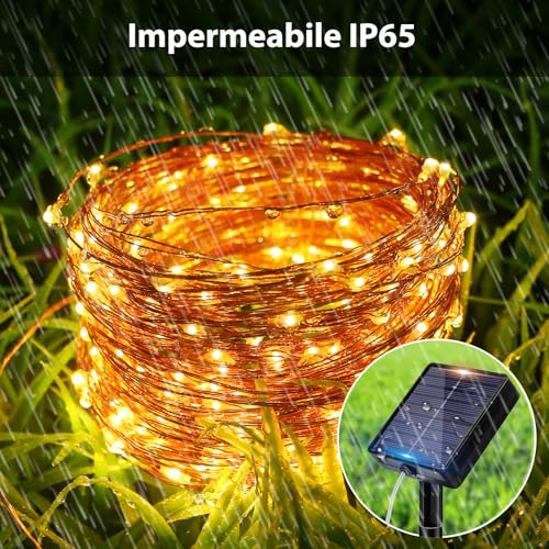 Peasur 3 Pacchi Luci Solari Esterno, 3 x 12M 120LED Catena Luminosa Esterno Solare, Impermeabile Lucine Esterno Energia Solare Filo di Rame Luce Decor Per Giardino Albero Natale, Bianco Caldo - 3