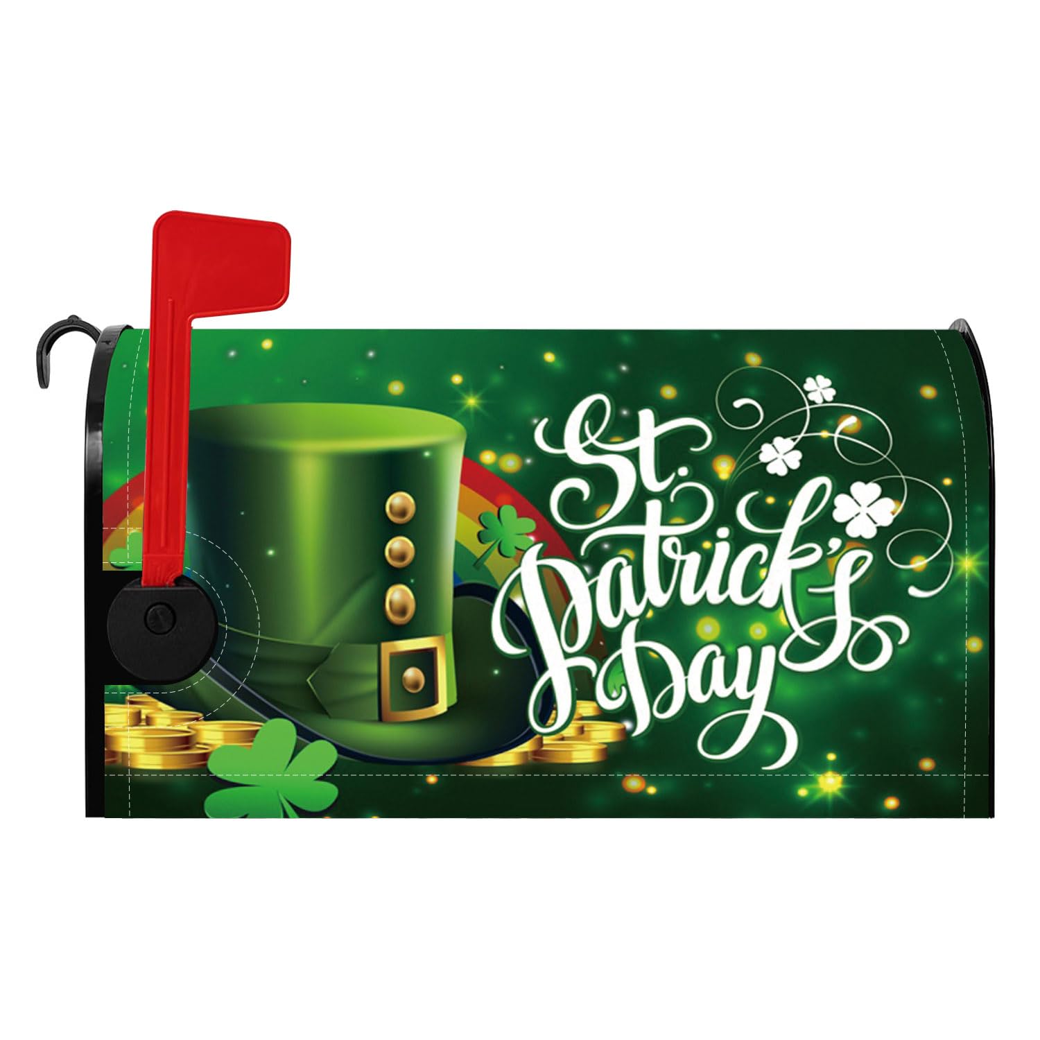 Baocicco St.Patrick's Day Mailbox Cover Irish Green Hat Rainbow Golden Coins Mailbox Covers Magnetic Spring Green Leaves Mail Box Wrap March 17th Post