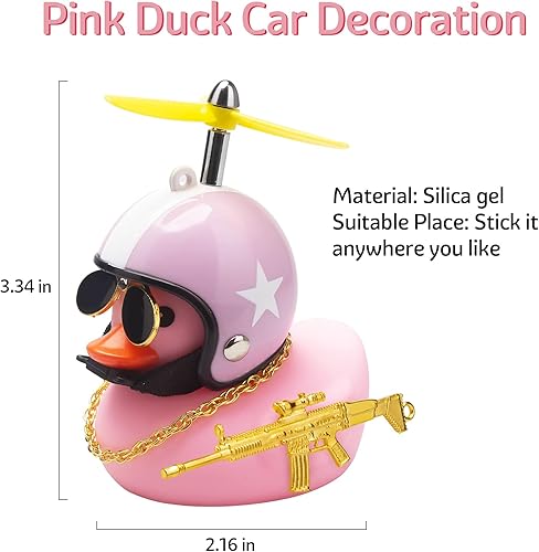 Miniatura 10 de wonuu Adornos de pato de goma para tablero de automóvil, juego de decoraciones de pato rosa con casco de hélice, lentes de sol y cadena dorada