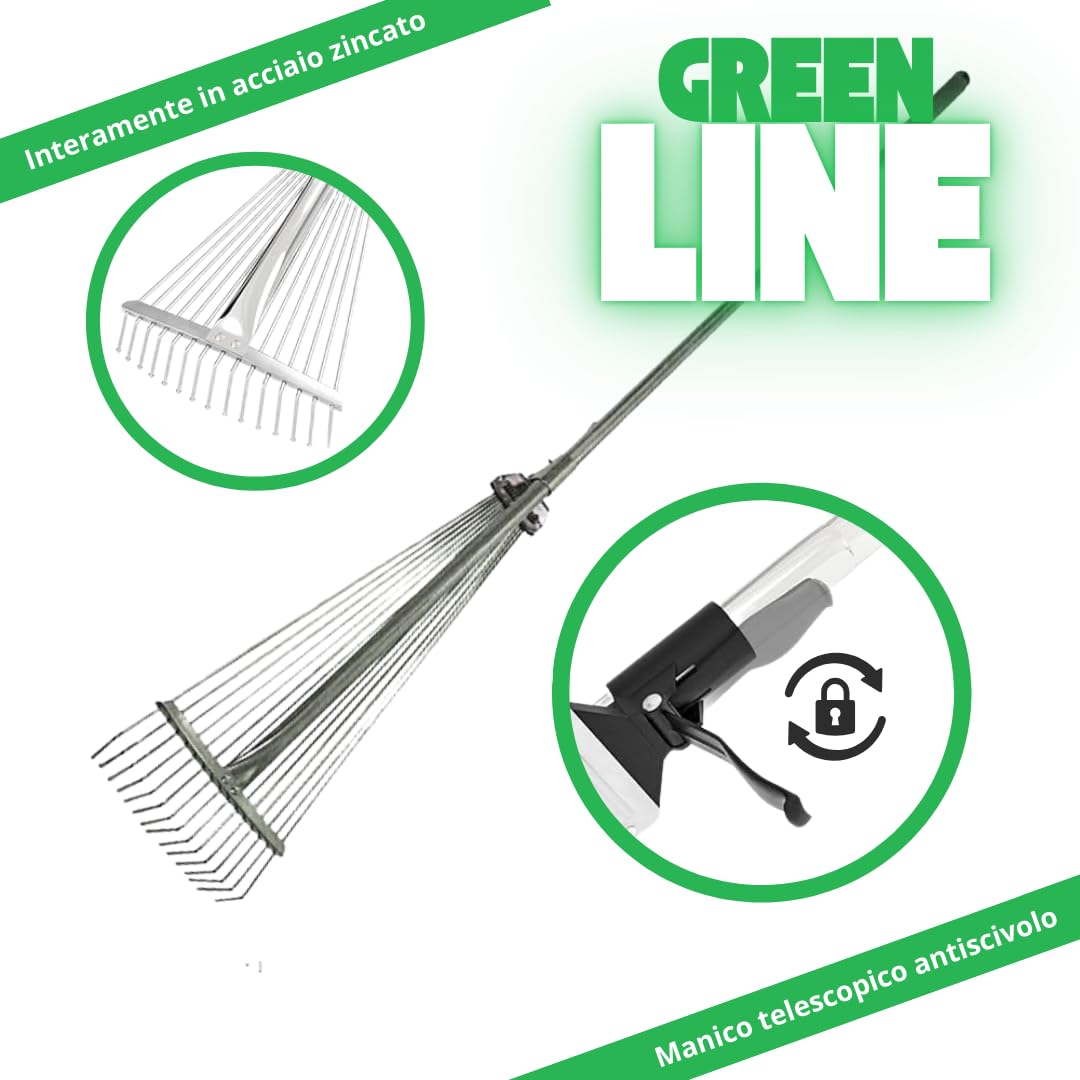 Scopa/Rastrello per Foglie Regolabile – 15 Denti in Acciaio Zincato, Manico Telescopico 126–160 cm con Impugnatura Antiscivolo – Ideale per Giardino