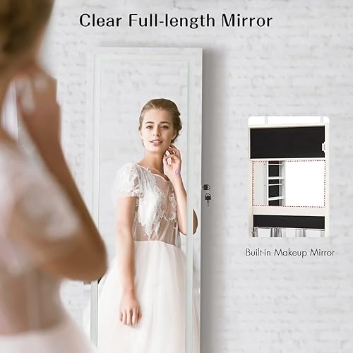 Miniatura 4 de Byroce - Armario de joyería con cerradura con espejo de longitud completa y 2 luces LED armarios de joyería montados en puerta de pared para mujer