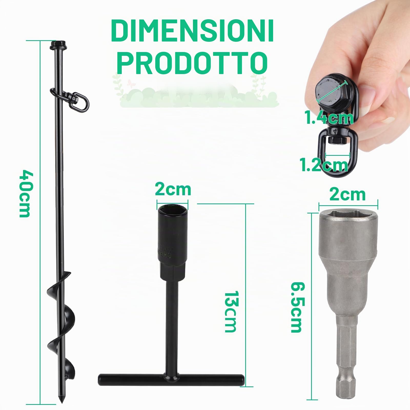 SWAWIS 8 Pezzi Ancoraggio A Terra Trampolino Ancoraggio A Terra 40 Cm In Acciaio A Vite Con Adattatore Per Trapano A Terra, Chiave, Borsa Per Tende, Trampolino, Tettoie