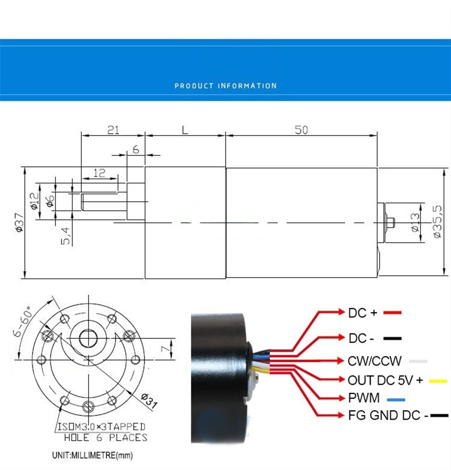 transmisión de potencia GM37BL3650 DC El Motor De Engranaje Sin Escobillas Viene Con La Perilla De Control De Velocidad Sin Pasos DC12V 24V transmisión eléctrica (Size : 1:150, Color : 12V)