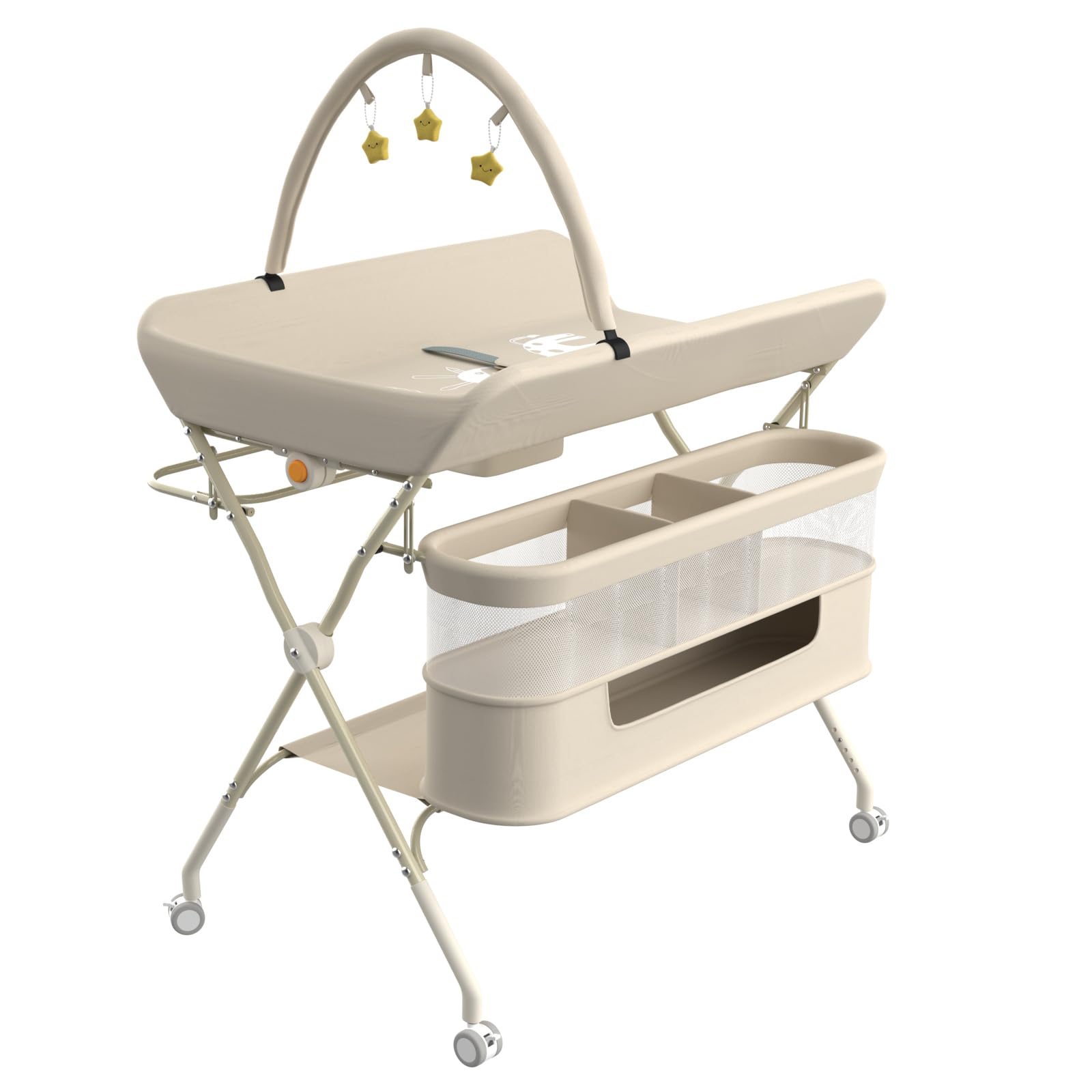 HUOLE 3 in 1 Wickeltisch klappbar, Mobile Wickelkommode mit Rollen, Wickelstation höhenverstellbar, tragbare Wickelauflage bis 25 kg Belastbar,75 x 68 x 83–91 cm (B) Cremeweiß