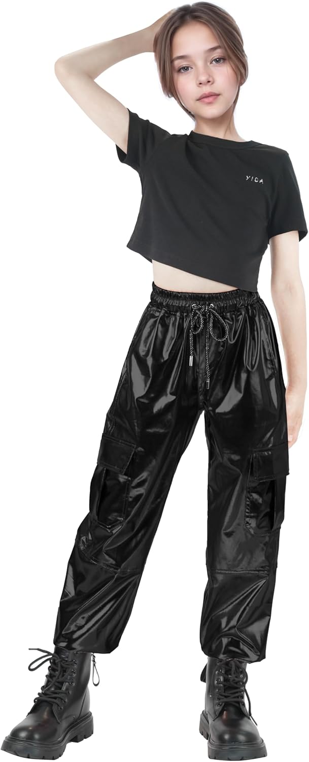 Nawgut Sequin Cargo Pants Metallic High Waisted Multi-Pocket Shiny Joggers Hip Hop Dance Pants for Girls - Image 3