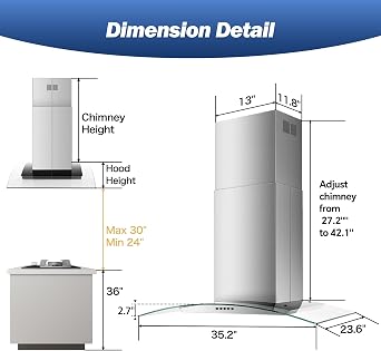 Tieasy 36 inch Island Range Hood 700 CFM Ceiling Mount Hood Stainless Steel Stove Vent Hood with Tempered Glass, Push Button Controls, Mesh Filters