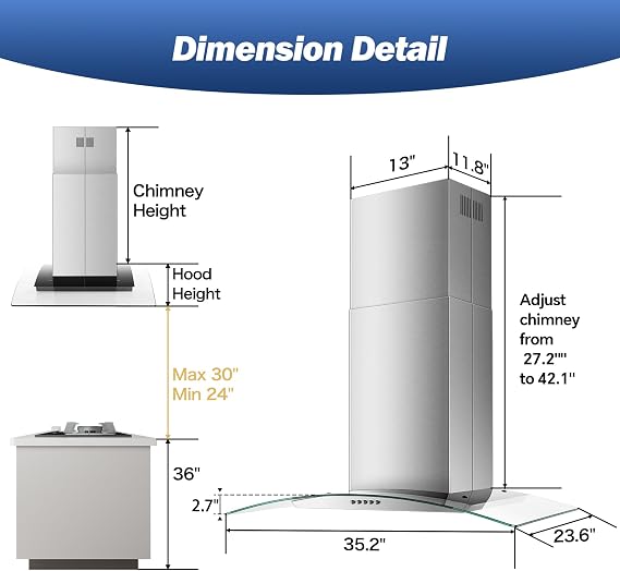 Tieasy 36 inch Island Range Hood 700 CFM Ceiling Mount Hood Stainless Steel Stove Vent Hood with Tempered Glass, Push Button Controls, Mesh Filters