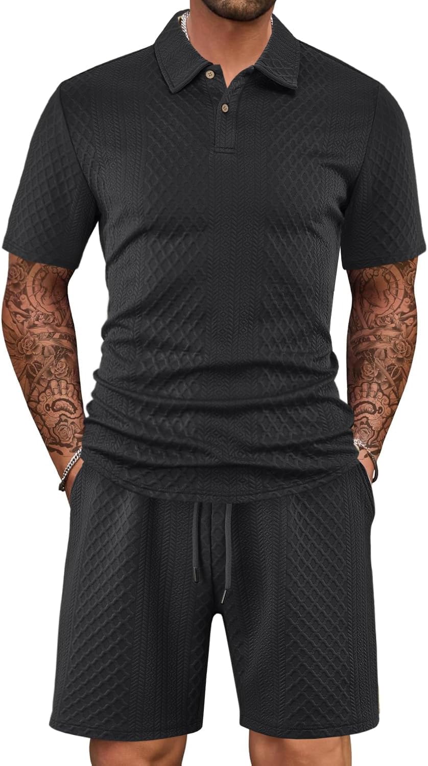 Mens 2 Piece Outfits Polo Shirt and Shorts Set Short Sleeve Tracksuits Casual Athletic Jogging Summer Outfits