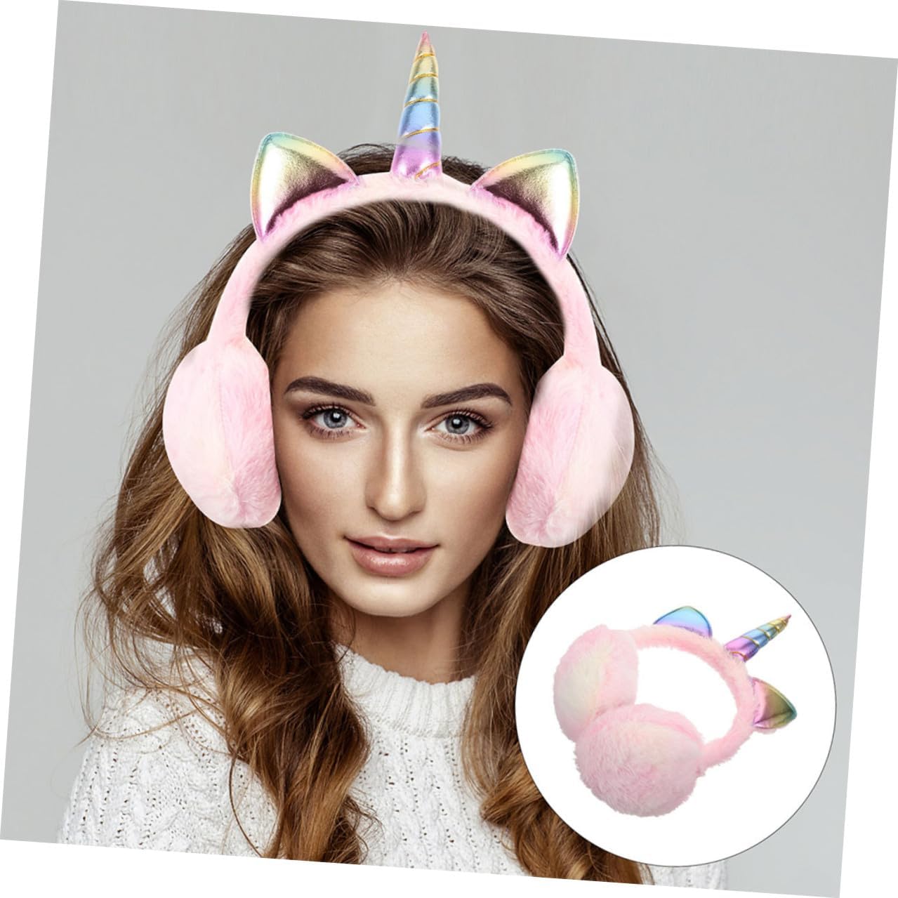 OSALADI Unfoldable Unicorn Earmuffs 2pcs Pink Plush Ear Warmers Winter Fuzzy Ear Muffs Women Outdoor Cold Weather Accessory