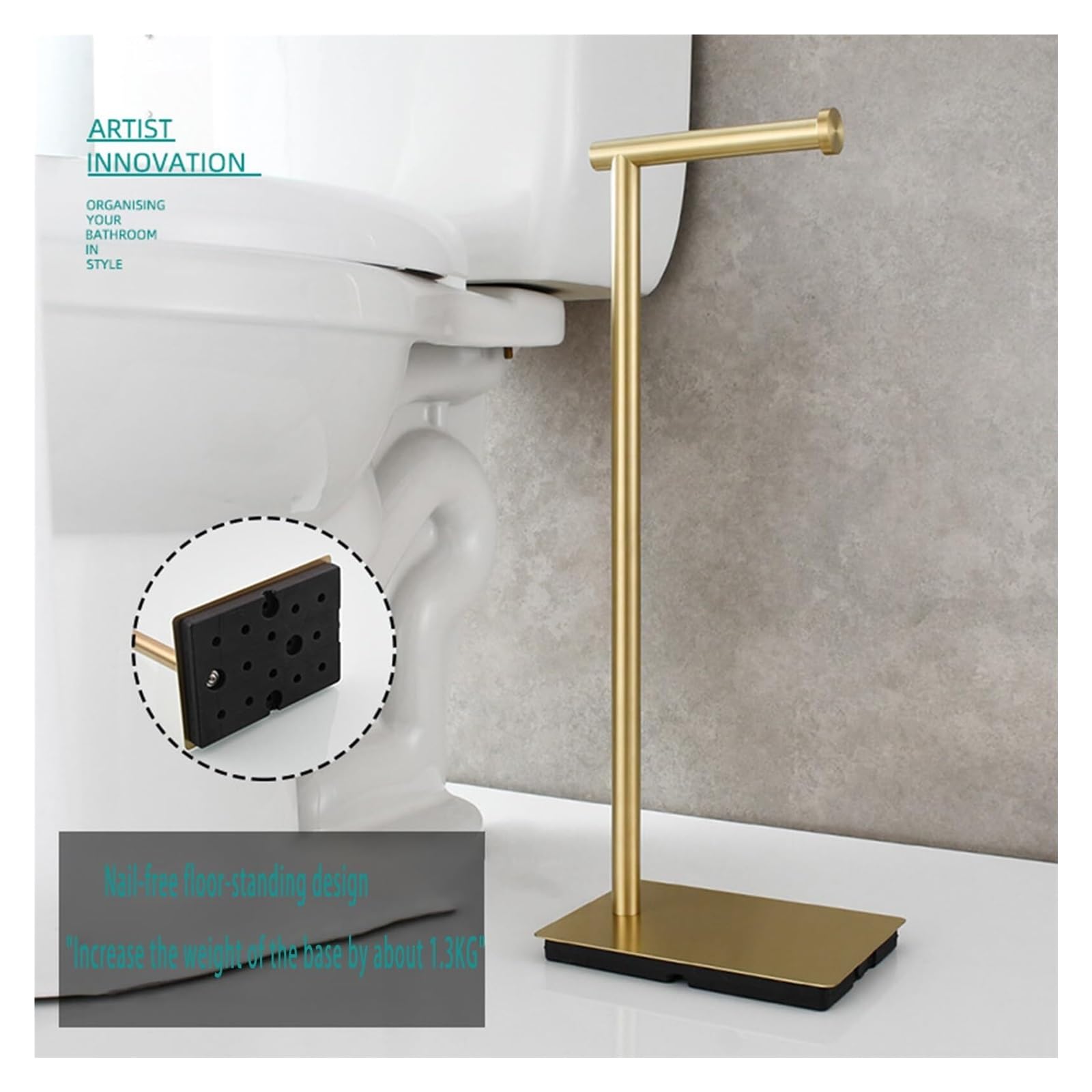 Porta pañuelos Rollo Independiente del Cuarto de baño Acero Inoxidable Tenedor Papel higiénico con la Base Cemento Estante montado en la Pared(Brushed Gold)