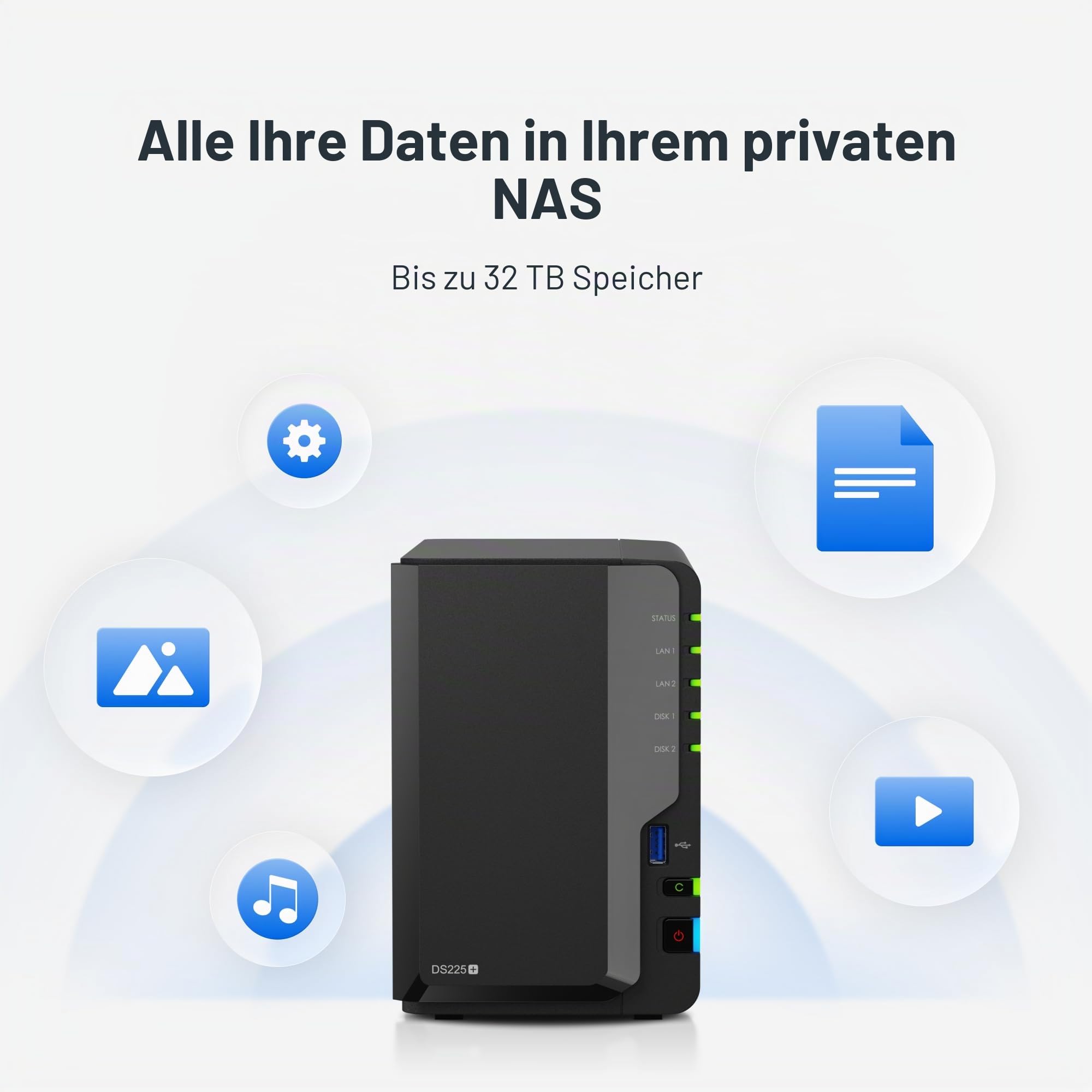 Synology DS225+ 2-Bay Diskstation NAS (Intel Celeron J4125 4-Core 2.0 GHz 2GB DDR4 RAM 2xRJ-45 1GbE LAN-Port)