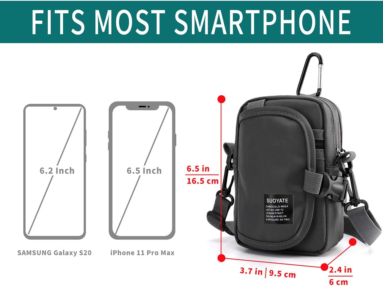 Lohol Multifunction Cell Phone Holster, One Shoulder Pouch with Carabiner, Outdoor Tactical Waist Belt Bag, Security Purse Crossbody Gadget Pocket for Smartphone Up to 6.5 inches - Image 2