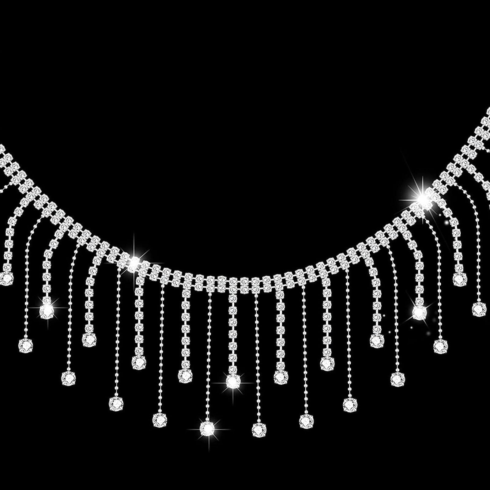 NHCDFARhinestone Trim, Rhinestone Fringe, Rhinestone Fringe Trim Glitter Rhinestone Fringe Trim for Wedding Party Clothing Accessories Jewelry Tassel Chain Decorations(Silver)