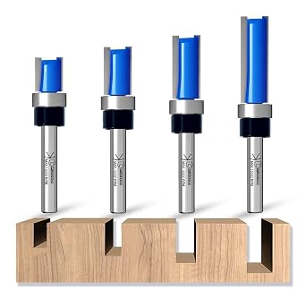 CSOOM 4PCS Professional Pattern Flush Trim Router Bits Set, 1/4 Shank Carbide Top Bearing Flush Trim Router Bits,Cutting diameters of 25/64", 3/4", 1", 1-1/2"