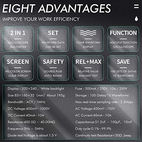 Oscilloscope Multimeter 2-In-1, Color Screen Intelligent Graphical Handheld Oscilloscope Multimeter 1Mhz Bandwidth, 2.5Msps Sampling Rate, Dc/Ac Voltage/Current Test #TOP3