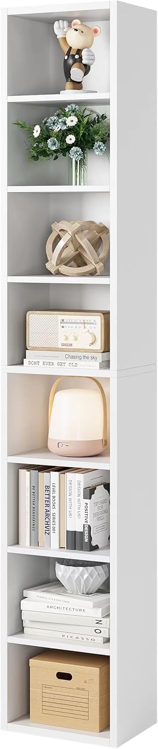 Bamjoy 71 Inches Tall Narrow Bookshelf, 8-Tier CD DVD Slim Media Tower Rack, Corner Bookcase with Adjustable Shelves, Skinny Cubes Bookshelves for Home Office Small Space, White 11.6" Width White