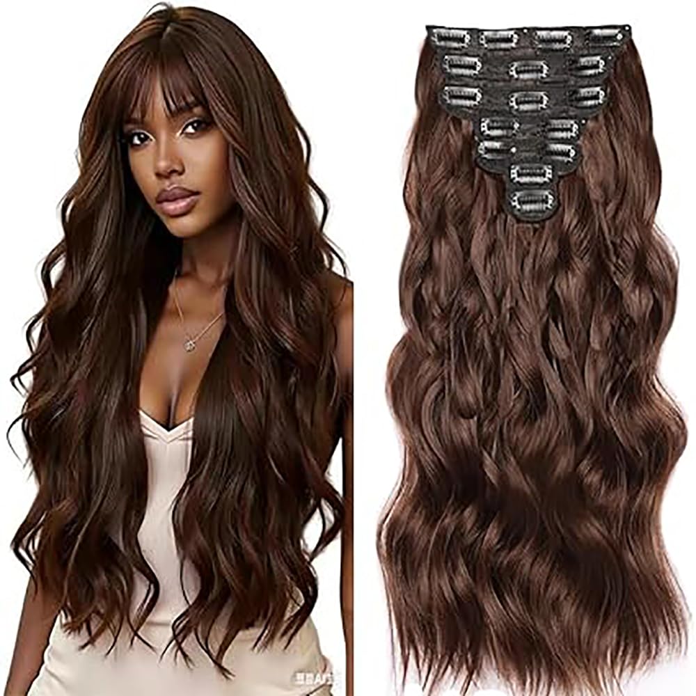 Natural Wave Clip in Extensions Echthaar Human Hair Haarverlängerung Echthaar Invisble Clip Extensions #4 Chocolate Brown 120g 7Pcs Per Pack for Women Real Hair 32 Inch