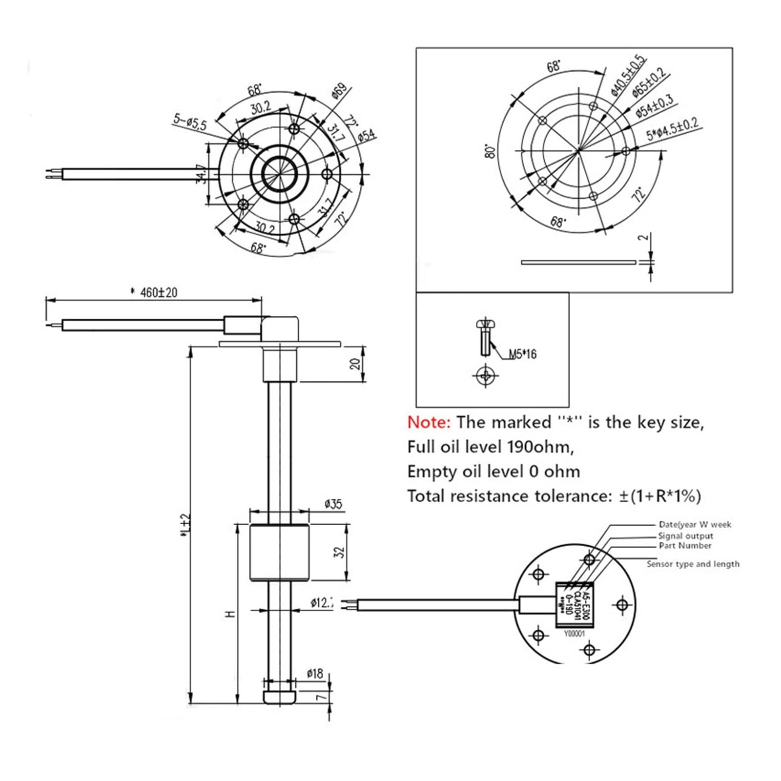 Capteur de Niveau, Capteur de niveau de carburant de bateau de voiture for l'unité d'envoi de carburant de jauge de niveau de carburant de 0~190 ohms(400mm)