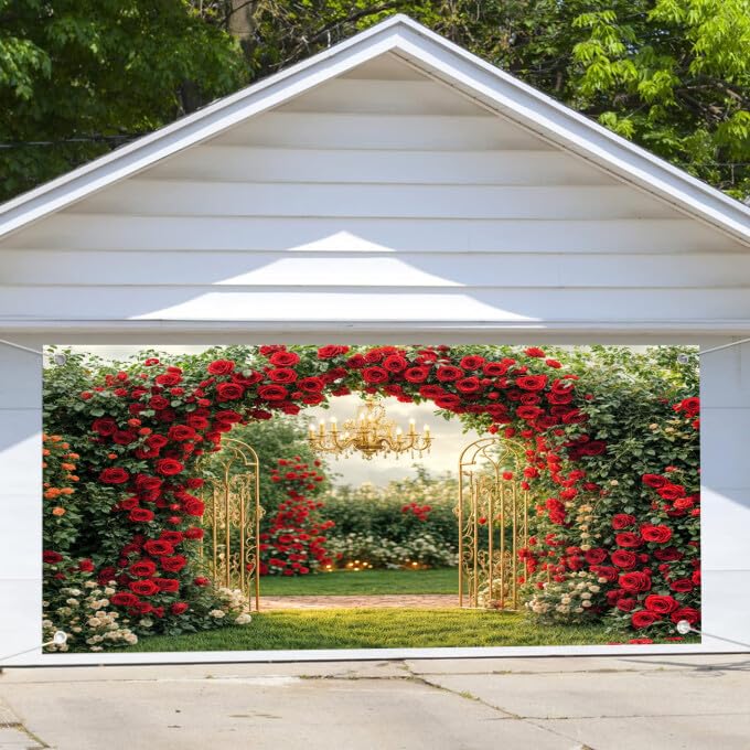 13X6ft Red Rose Garage Door Banner Floral Garage Door Backdrop, Romantic Red Rose Garage Door Cover Floral Wall Background for Weddings Bridal Showers