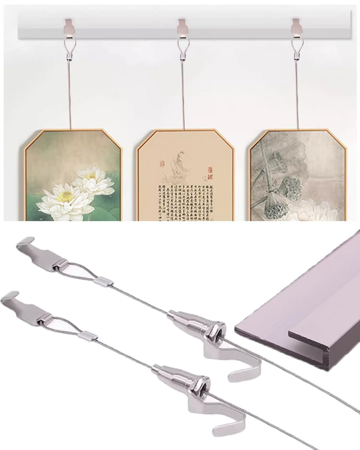 Sistema para Colgar Cuadros en galerías. Riel Blanco de 37 Pulgadas para decoración de Paredes. Cables de Acero y Ganchos de Resorte Fotos y exposiciones. Fácil instalación.