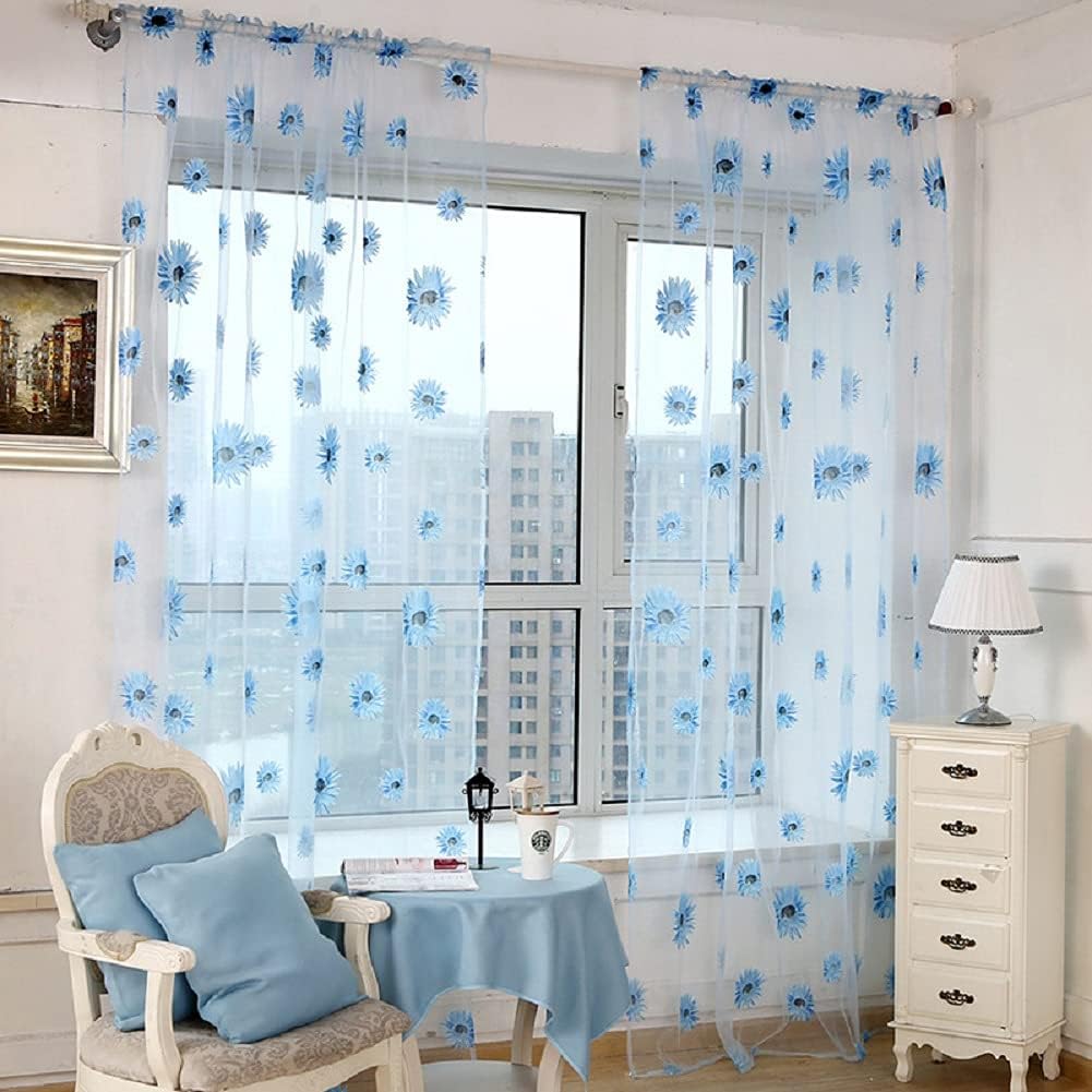 Sunflower Pattern Countryside Elegant Sheer Curtains Rod Pocket Window Treatment for Living Kids Baby Room Bedroom Balcony(1 Panel, W 100 x L 84 inch, Blue)