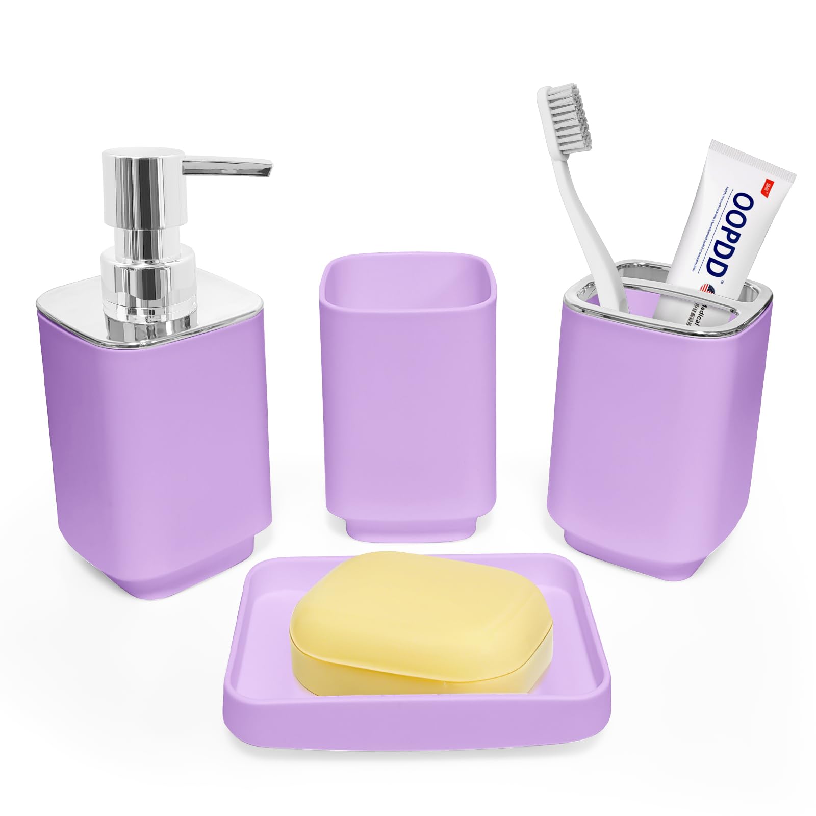 Juego de accesorios de baño de 4 piezas, juego de accesorios de baño de color morado claro, incluye soporte para cepillos de dientes, dispensador de jabón, jabonera y vaso para cepillos de