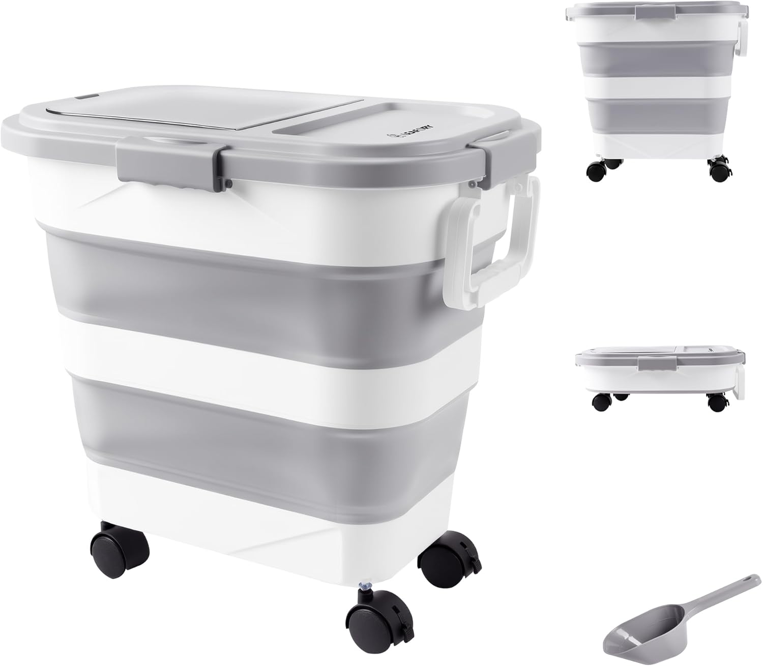 Dog Food Storage Container 30-40lbs, Airtight Pet Food Bin with Locking Lid & Clear Window, Collapsible Rolling Storage Container with Wheels & Scoop, Light Gray