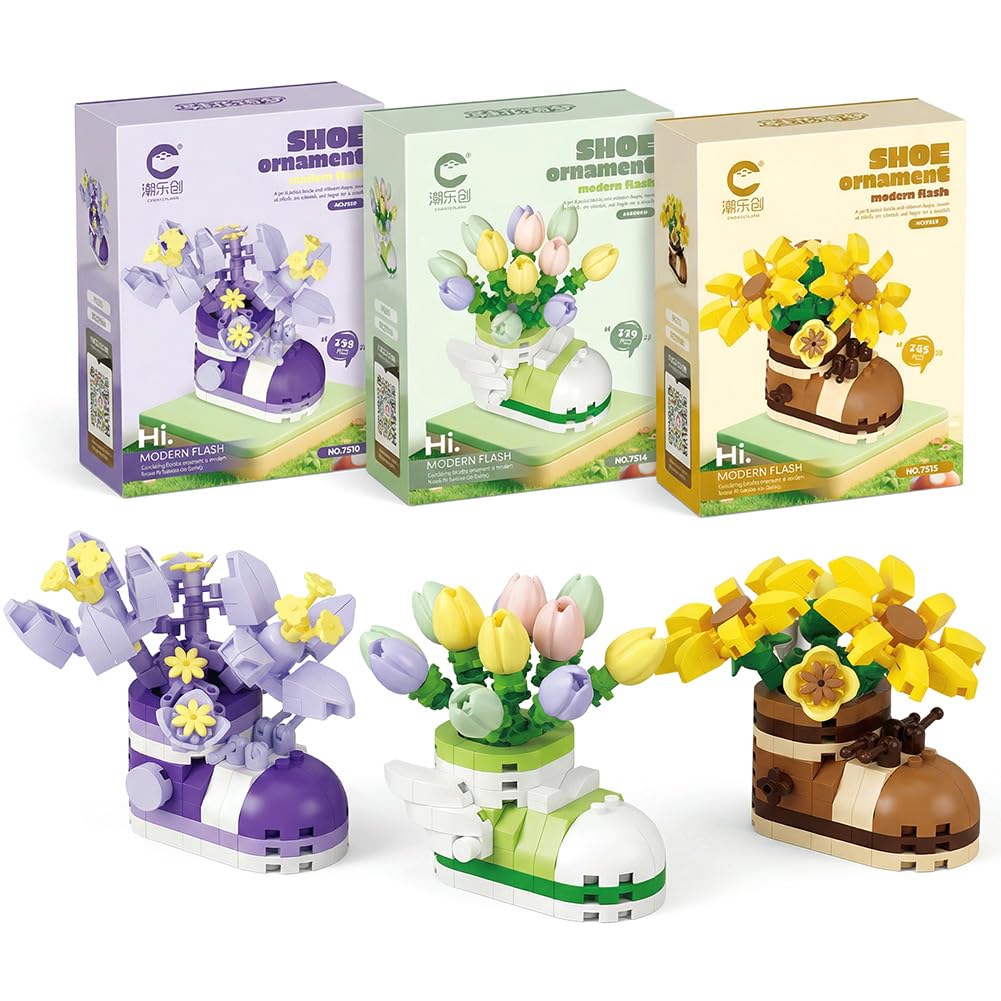 KMFASVX Flower Bouquet Building Kit for Adults 3PCS Artificial Sunflower Tulip Daisy in Boot Vase,Compatible Building Blocks Set, Creative Home Office Desk Decor, Gift for Women Her Birthday