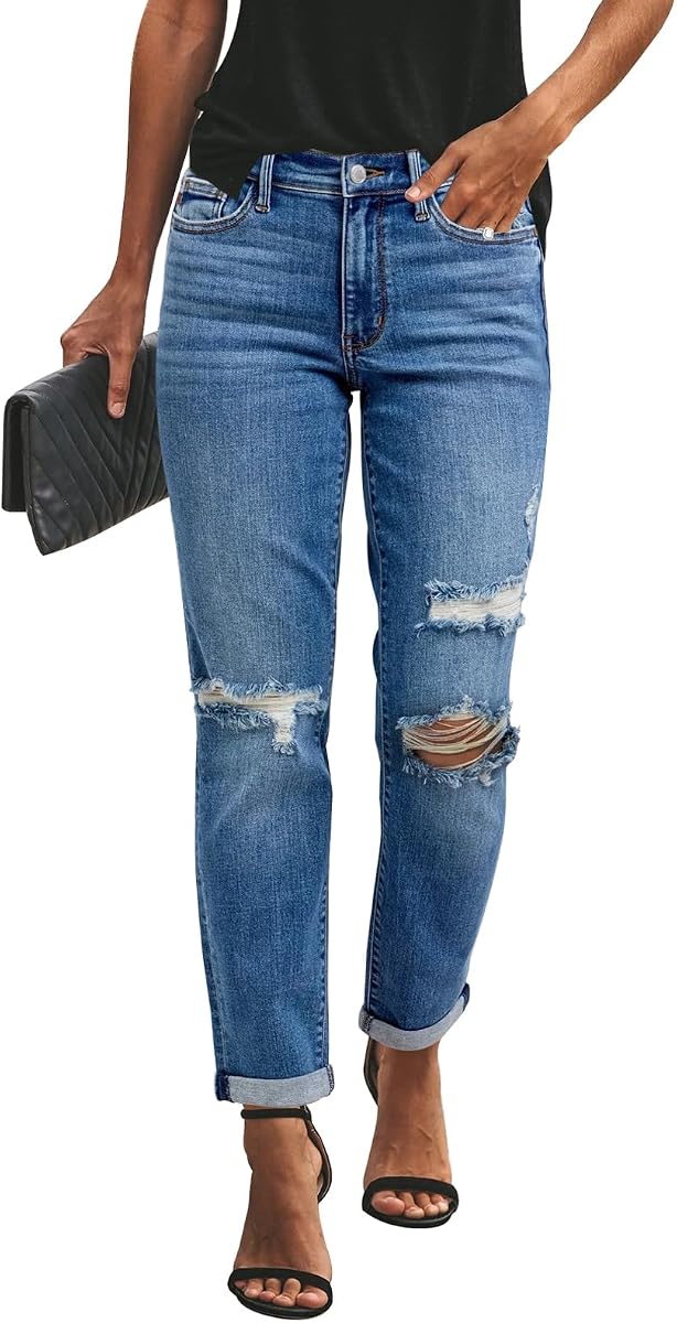 KUNMI Pantalones vaqueros de mezclilla de talle medio rasgados para mujer, ajuste holgado, elásticos y envejecidos