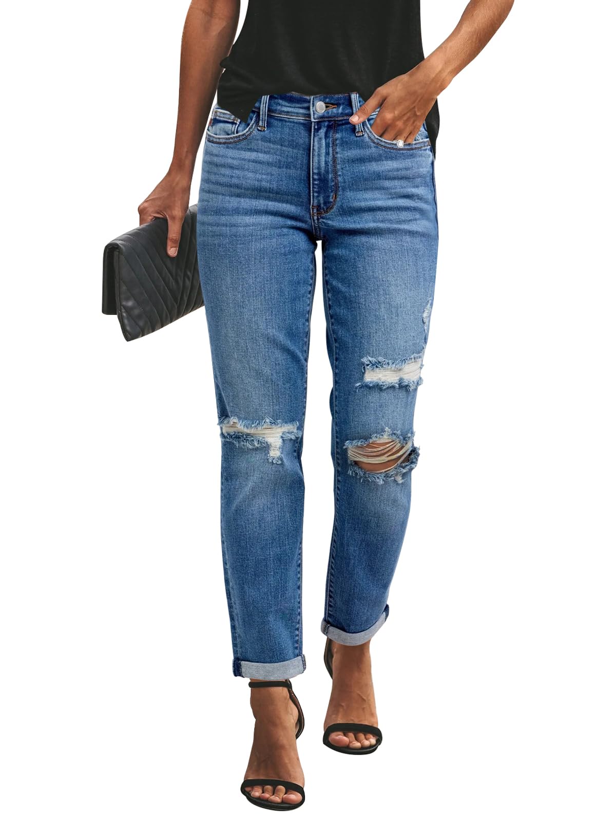 Women's Ripped Mid Waisted Boyfriend Jeans Loose Fit Distressed Stretchy Denim Pants