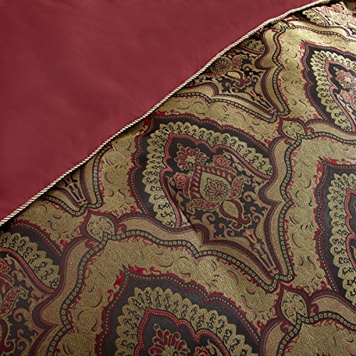 Chezmoi Collection Seville 9-Piece Jacquard Black Gold Maroon Red Medallion Paisley Oversized Comforter Set, Queen 92"X96" #TOP2