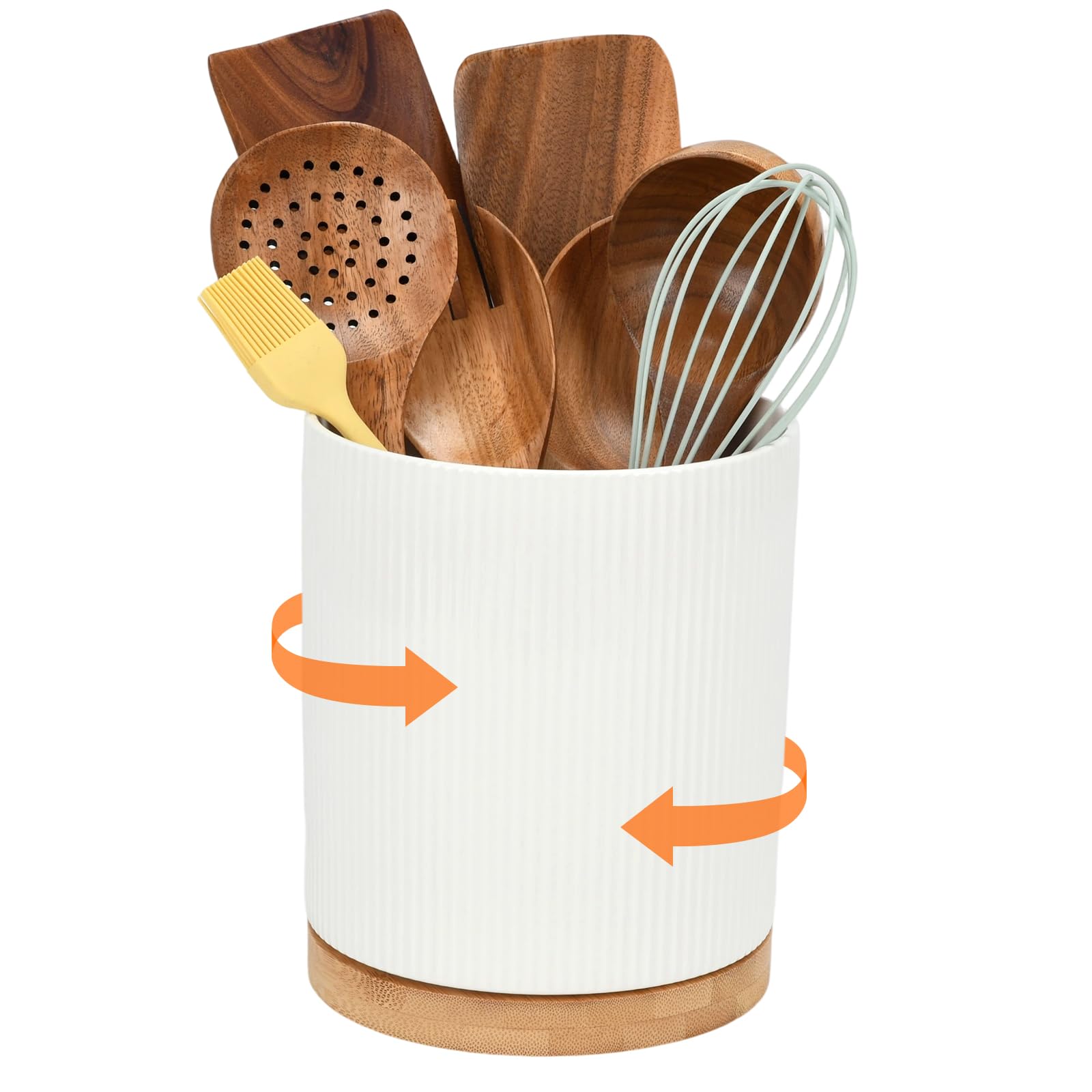 Keramik Küchenutensilienhalter 360° Drehbarer– 15 x 20 cm Utensilien-Organizer Große Utensilienhalter küche für Löffel, Pfannenwender und Besteck | Weiße Reliefglasur kitchen decor