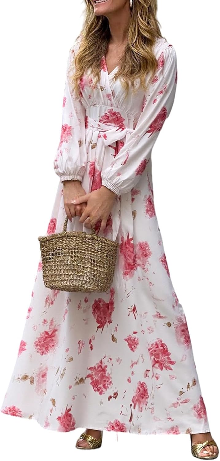 XNC Womens Vintage Floral Maxi Dress V-Neck Long Sleeve Empire Waist Flowy Boho Dresses Casual Party Wedding Guest Dress Fall X-Large Pink