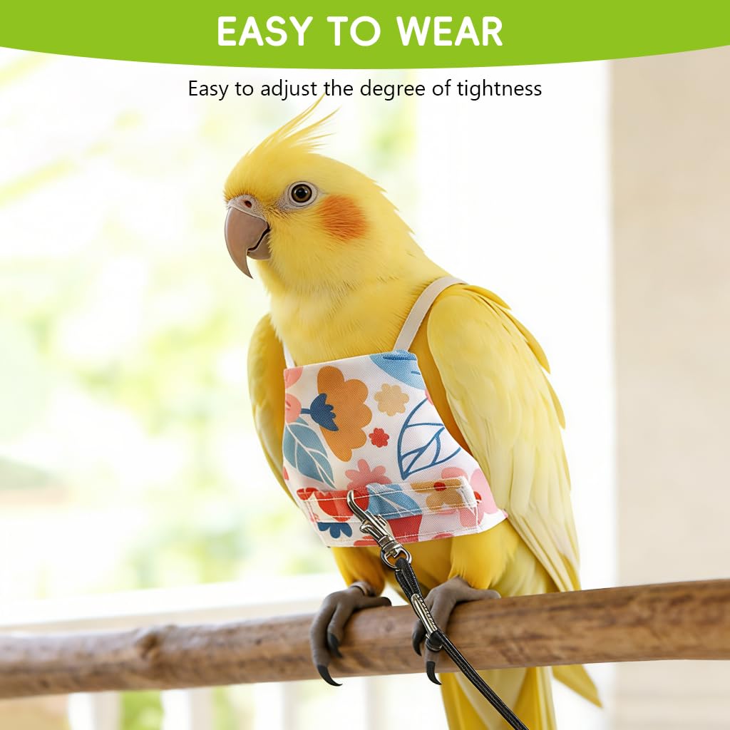 Qpets® Bird Harness and Leash Set for Parrots, Adjustable Escape-Proof Shoulder Strap Parrot Harness with Hook & Loop, 51 Inch Elastic Training Cord - Safe Flight Suit for Small Medium Birds, M 4