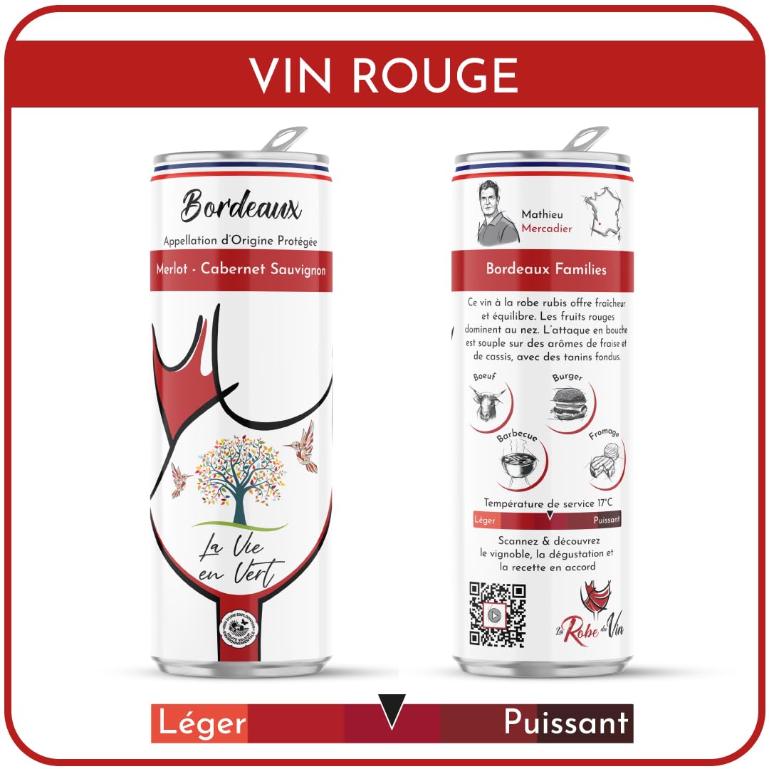 Box "Bordeaux Love" 6 canettes de Vin connectées (25cl) La Robe du Vin- AOP Bordeaux HVE -2x25cl Blanc+ 2x25cl Rosé+ 2x25cl Rouge - Connectées offrant 10 min de vidéo en immersion