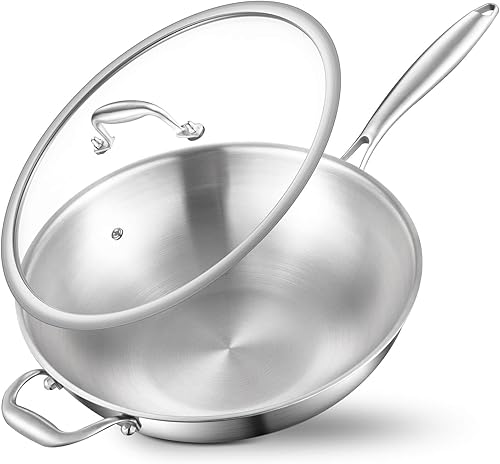 Miniatura 8 de DELARLO Wok de acero inoxidable de tres capas de cuerpo entero de 9.45 pulgadas, sartén profunda de cocina, sartén pequeña con tapas, mini wok