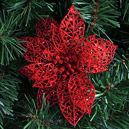 Gl-Turelifes 12 Pcs 5.9’’(15Cm) Christmas Tree Flowers With 12 Pcs Green Soft Stings Glitter Poinsettia Artificial Flowers Decorative Wreath Tree Ornaments(Red) #TOP1