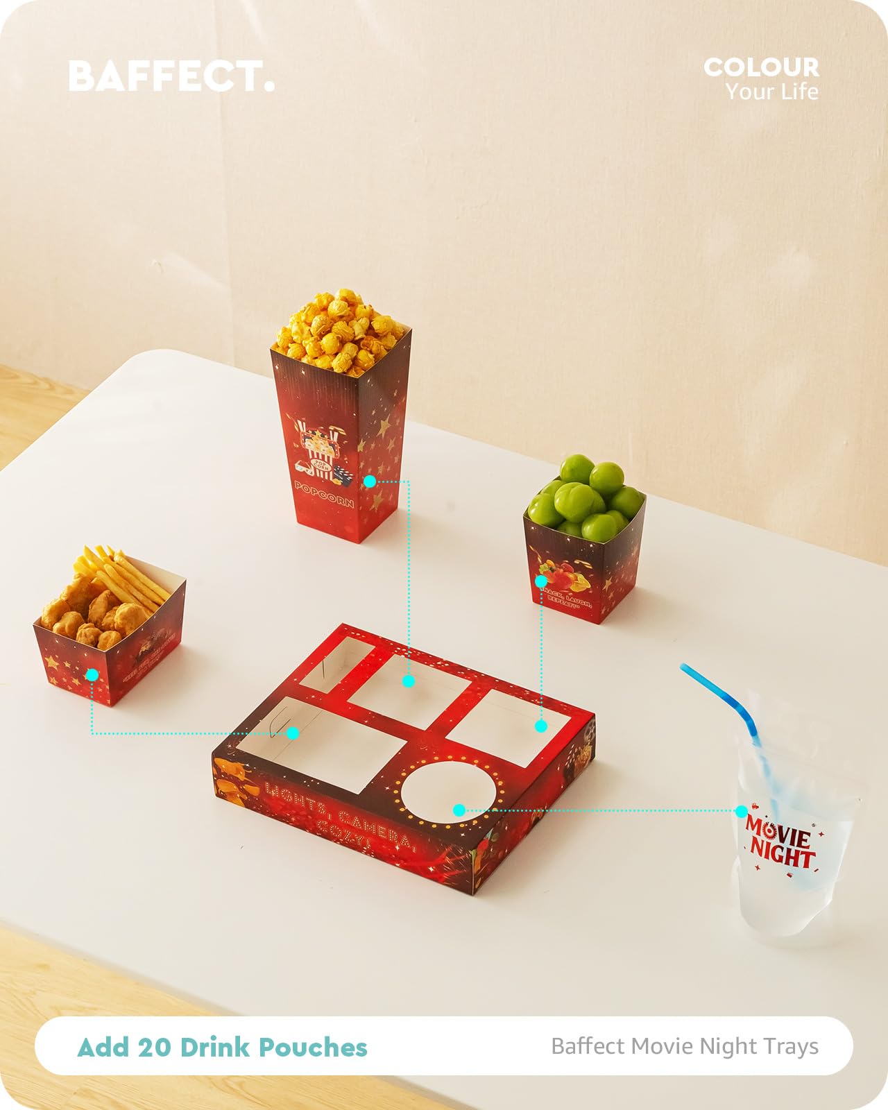 Baffect Filmabend-Snack-Tabletts, 140 Stück, inklusive Film-Snack-Tabletts, Getränkebeutel mit Strohhalmen, Popcorn-Boxen, Salatschüsseln, Nacho-Schalen und Film-Party-Einladungen, für 20