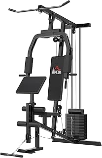HOMCOM Home Gym Fitness Station with Lat Pull Device, Cable Pull, Short Bicep Bar, Chest Press, Leg Trainer, Butterfly Mac…